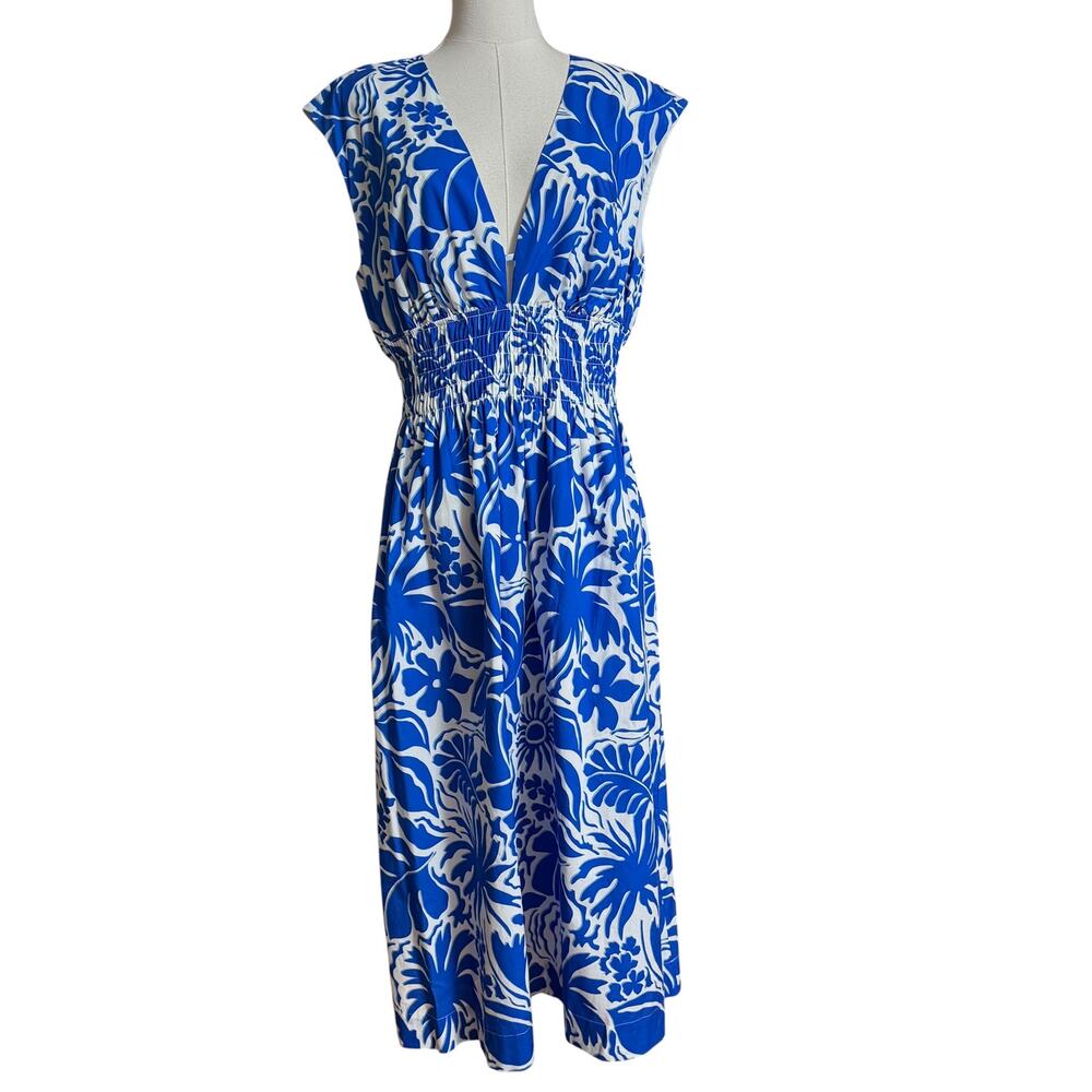 Rails Roxanne Dress XL Blue Riviera Tropical Floral Smocked Waist Midi - Picture 6 of 16